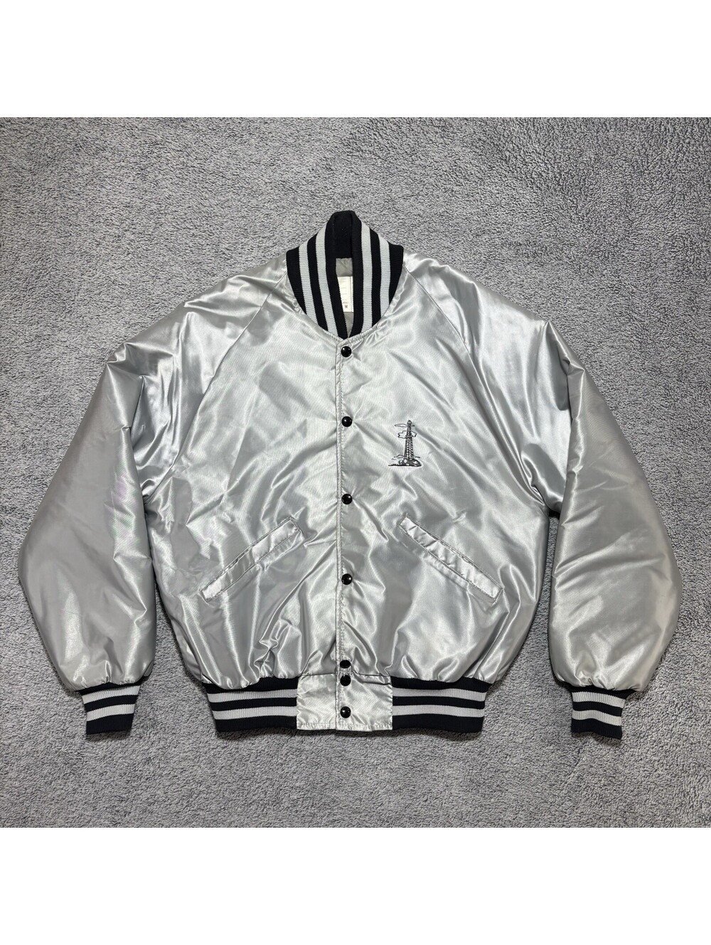 Vintage Bomber Jacket Silver Grey Sheen Satin Street Wear Men’s M Hembre Oil KS